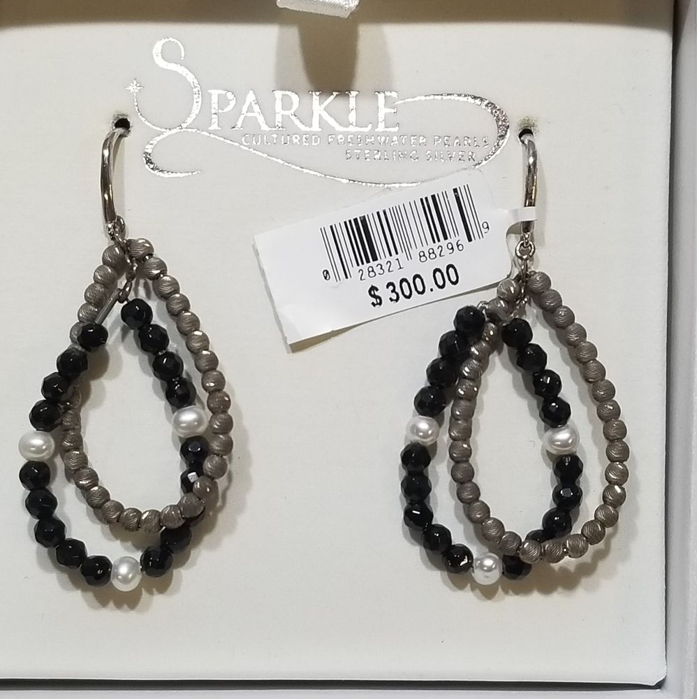 Sparkle CFW Pearls Onyx Marcasite Earrings